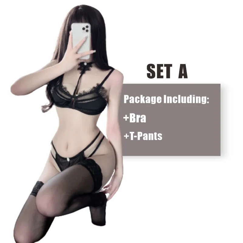 Billionm OJBK Women Sexy Lace Bra And Panty Set Thin Bralette Sleepwear Girls Deep V Seductive Comfort Non Padded Brassiere Lingerie Set