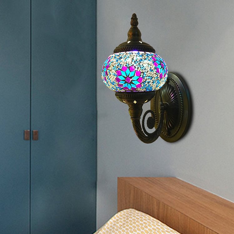 Stained Glass Orb Wall Sconce Decorative 1 Head Bedroom Wall Light Fixture in Red/Orange/Blue