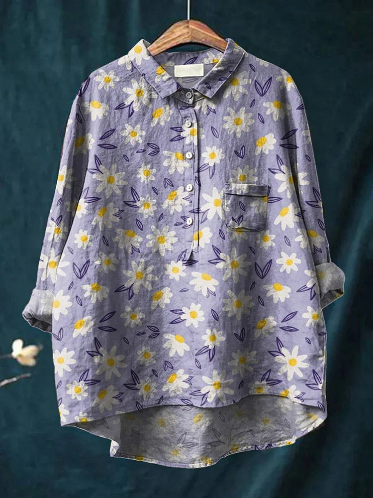 Sweet Daisy Repeat Pattern Printed Womens Casual Cotton And Linen Shirt