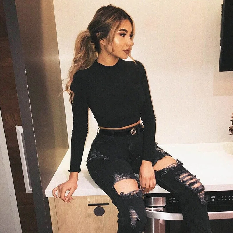 HEYounGIRL Solid Basic Long Sleeve Womens Tshirt Casual Black White Fashion Crop Top T Shirt Ladies Fashion Korean Tee Shirt