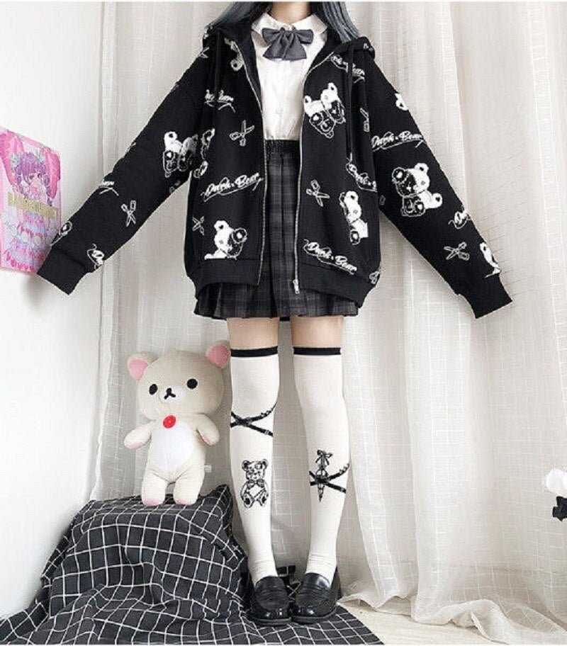 Black Bear Printed Gothic Coat Women Autumn Spring Ins Preppy Hoodies Kawaii Hoodie Jackets Hood Harajuku Plus Size Streetwear