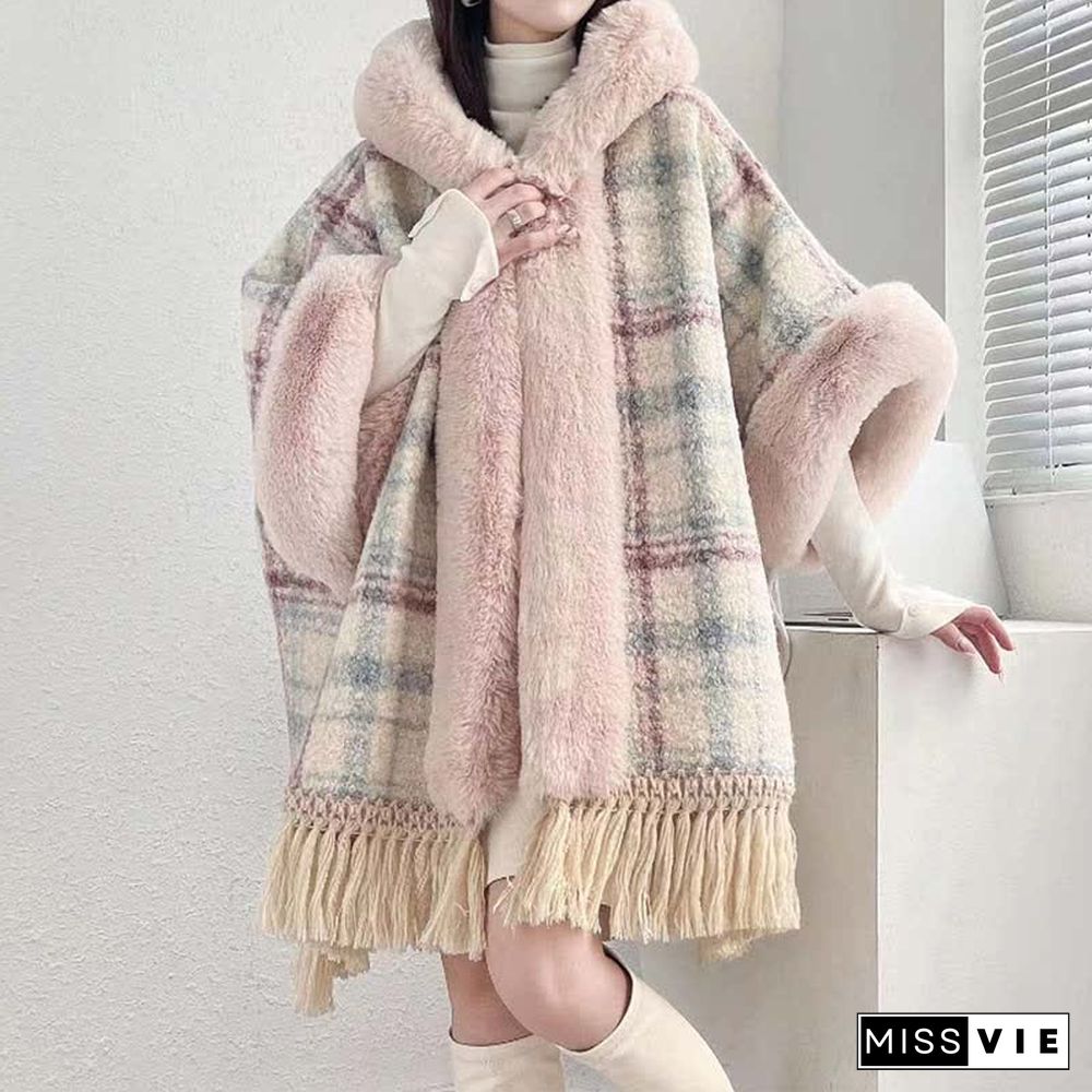 Plaid Print Furry Collar Fringed Casual Hooded Cloak Coat
