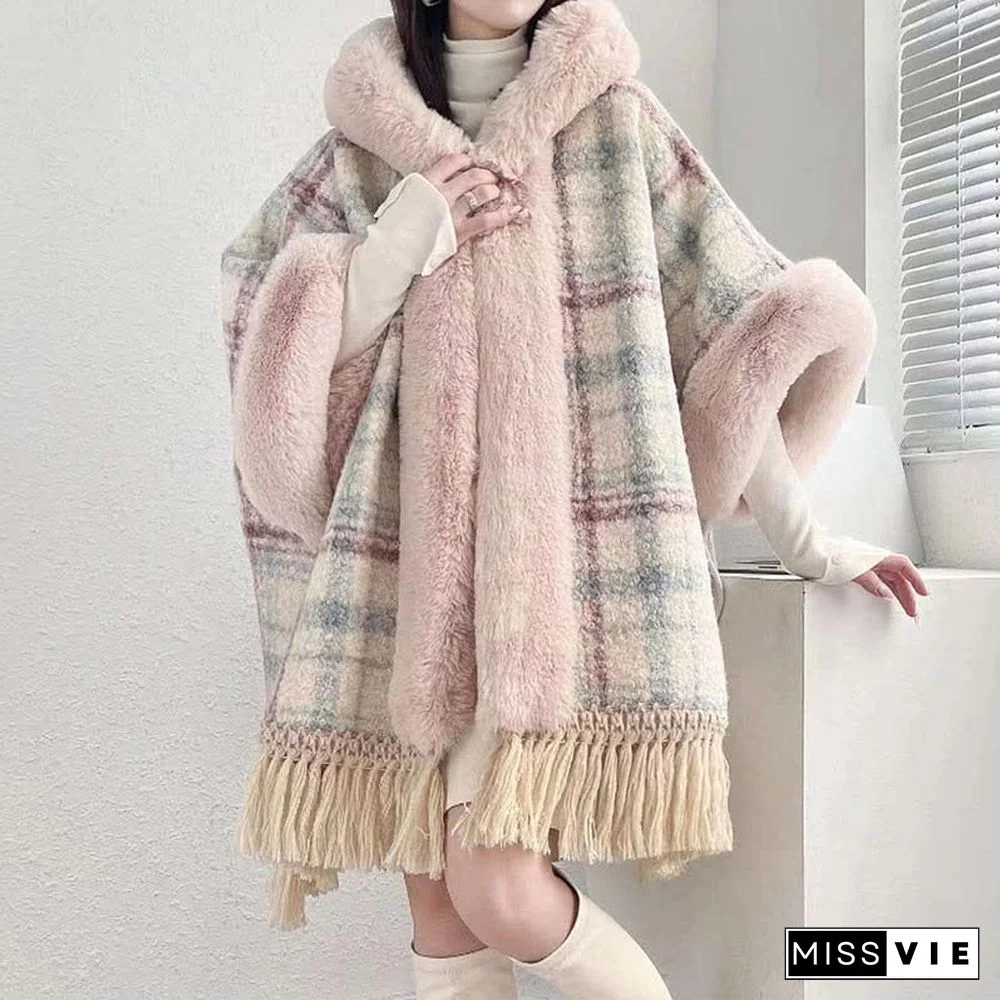 Plaid Print Furry Collar Fringed Casual Hooded Cloak Coat