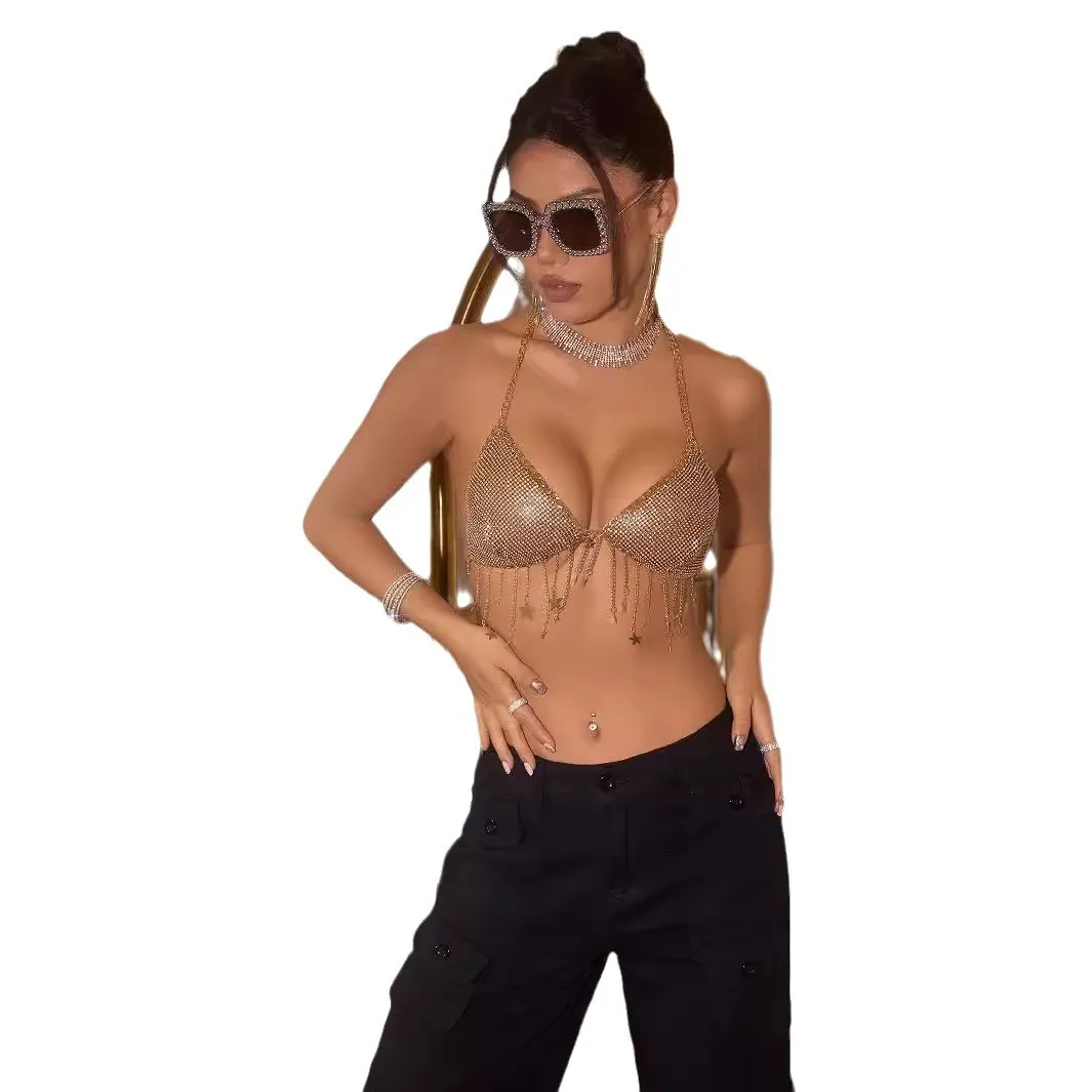 Brownm Brownm Women's Nightclub Low Chest Exposed Back Chain Sling Deep V Crop Tassel Vest Y21286