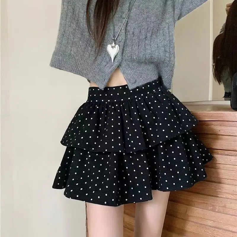 Aiertu Sweet Kawaii Mini Skirt Women Grey Korean Style Elegant Dot Short Skirts Coquette Fashion High Waist Cute Ruffle Skirt Aiertu
