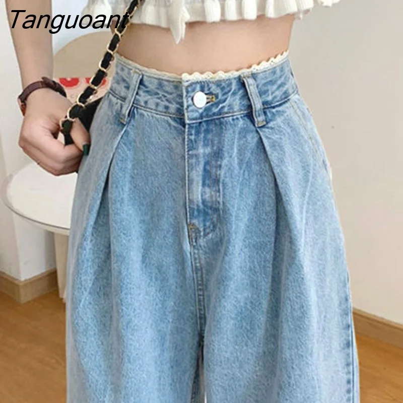 Tanguoant Lace Straight Jeans Women Sweet All-match Streetwear Korean Style Baggy Trousers Denim Bottoms Elegant Mujer Fashion Ins