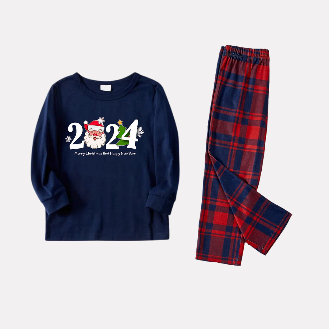 2024 Santa Claus Prints Blue Long Sleeves Top with Red & Blue Plaid Pants Family Matching Pajamas