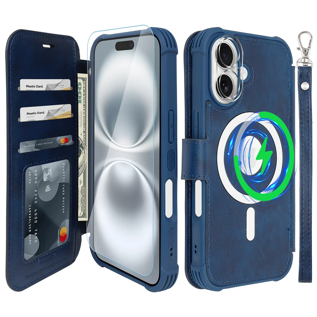 VANAVAGY Compatible for iPhone 16 Wallet Case for Magsafe Wireless Charging,Leather Flip Folio Wrist [Glass Screen Protectors & Camera Lens Protectors] with RFID Block Card Holder