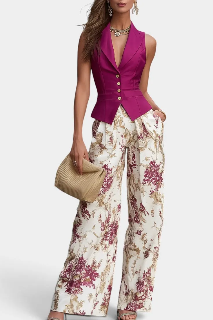 Buttoned Lapel Vest with Floral Wide-Leg Trousers Set