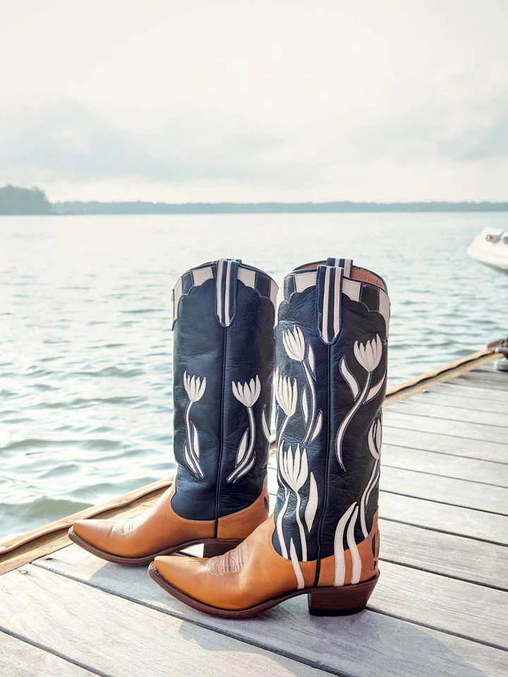 Multicolor Patchwork Knee High Tulips Cowgirl Boots with