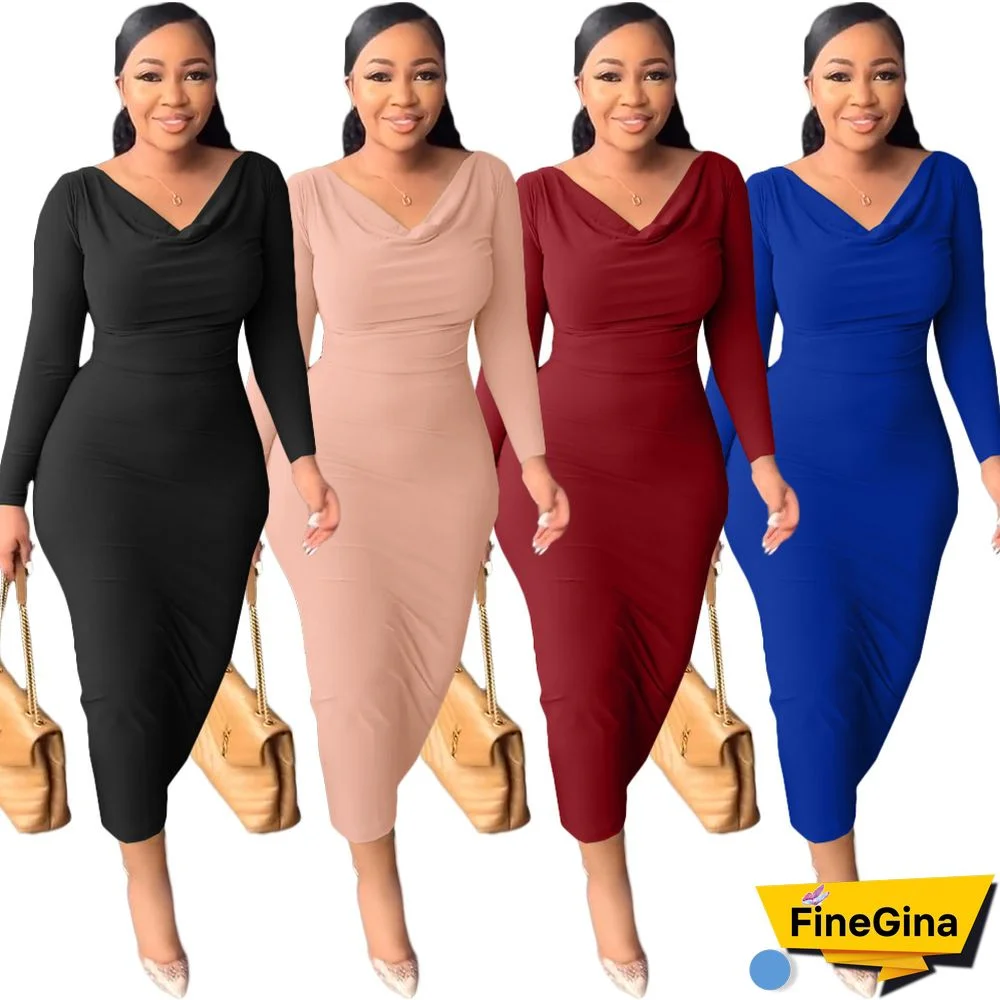 Fashion Casual Long Sleeve V-neck Dress