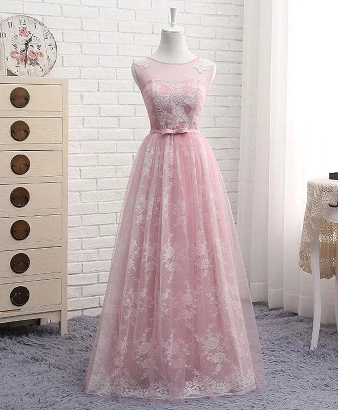 A Line Round Neck Lace Tulle Long Prom Dress, Lace Evening Dress