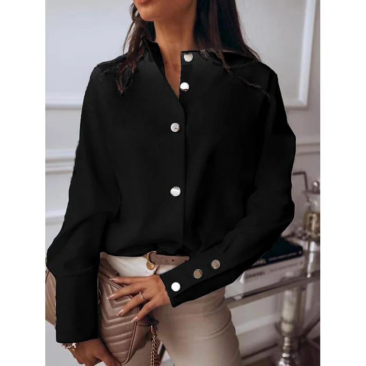VChics Solid Long Sleeve Stand Collar Buttoned Blouse