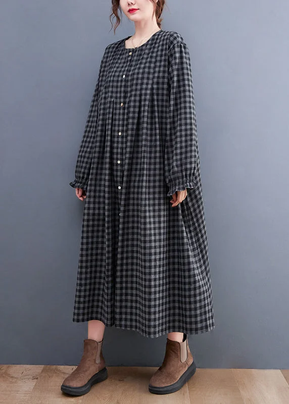 Plus Size Grey Plaid O-Neck Button Maxi Dresses Long Sleeve