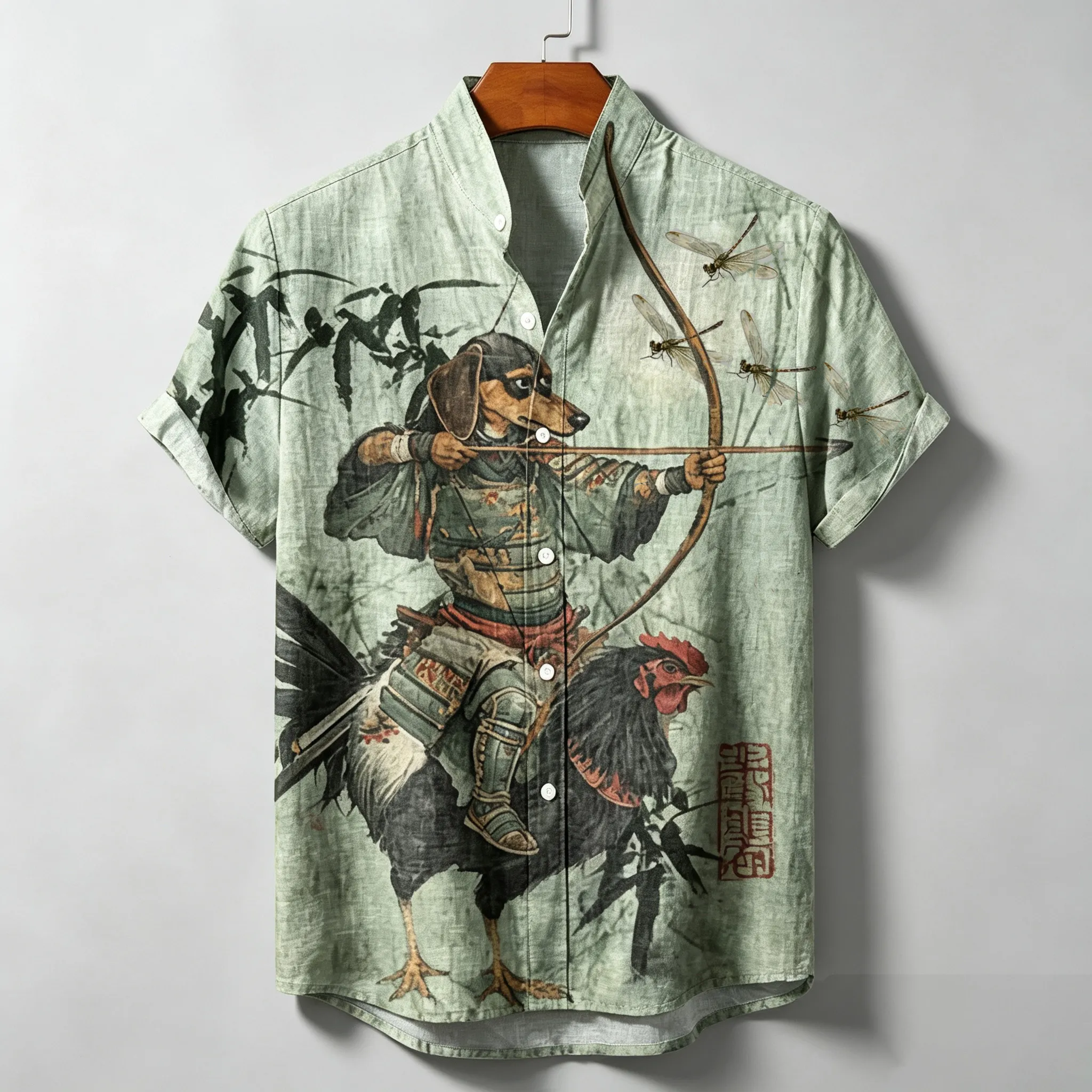 Men's Dachshund Samurai Archery In Bamboo Forest Pattern Short-sleeve Linen Shirt  artssus