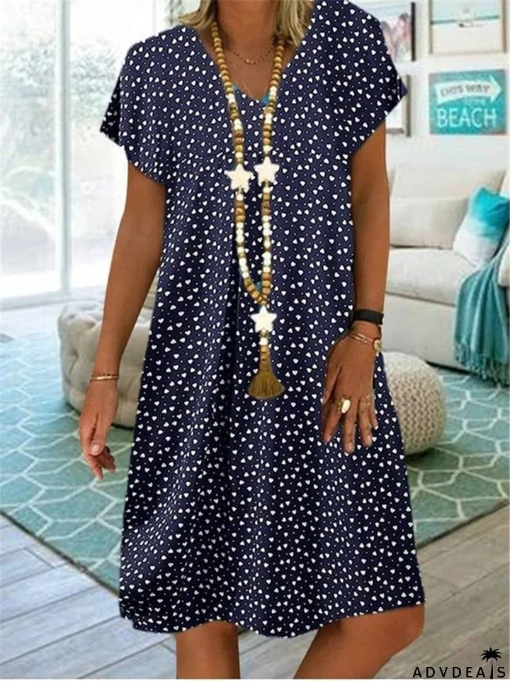 Laid-Back Style V Neck All-Over Polka Dot Print Pullover Mid-Length Dress