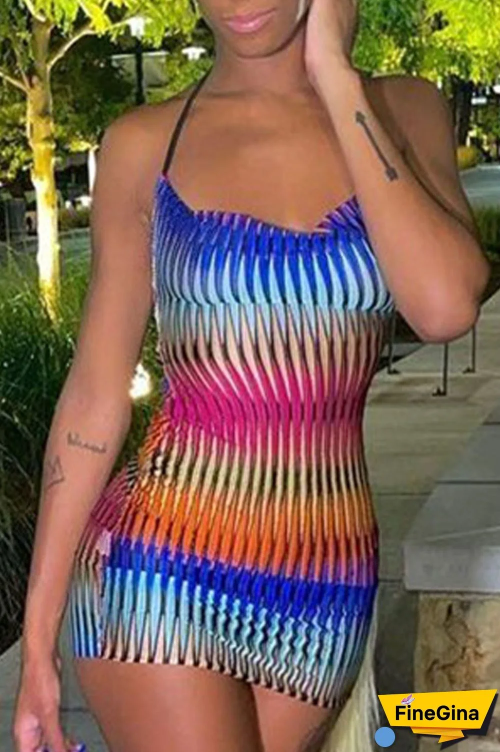Multicolor Sexy Street Party Gradual Change Geometric Frenulum Halter One Step Skirt Dresses