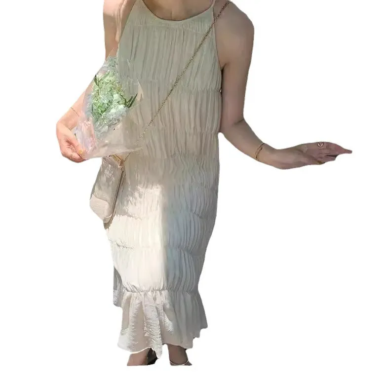 Churchf Churchf Gentle Wind Sanya Seaside Halter Dress Korean Version Elegant Thin Beach Pleated Dress Foreign Style