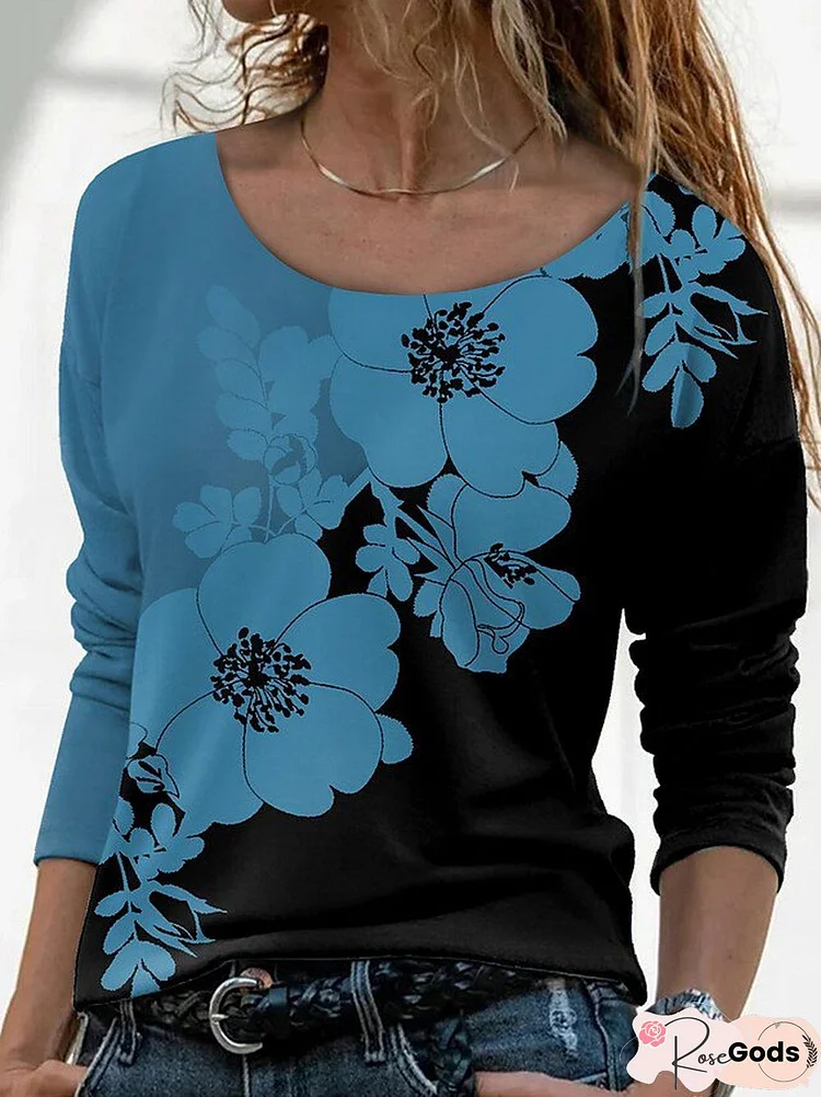 Casual Floral Autumn Daily Long Sleeve Crew Neck H-Line Regular Medium Elasticity T-Shirt For Women