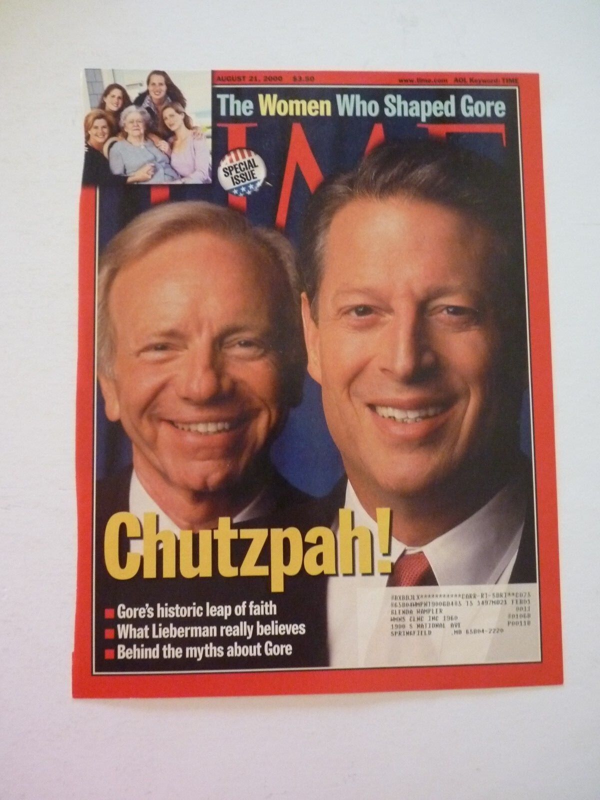 Al Gore Lieberman Time Magazine Cover Only Photo Poster painting Page 8x10