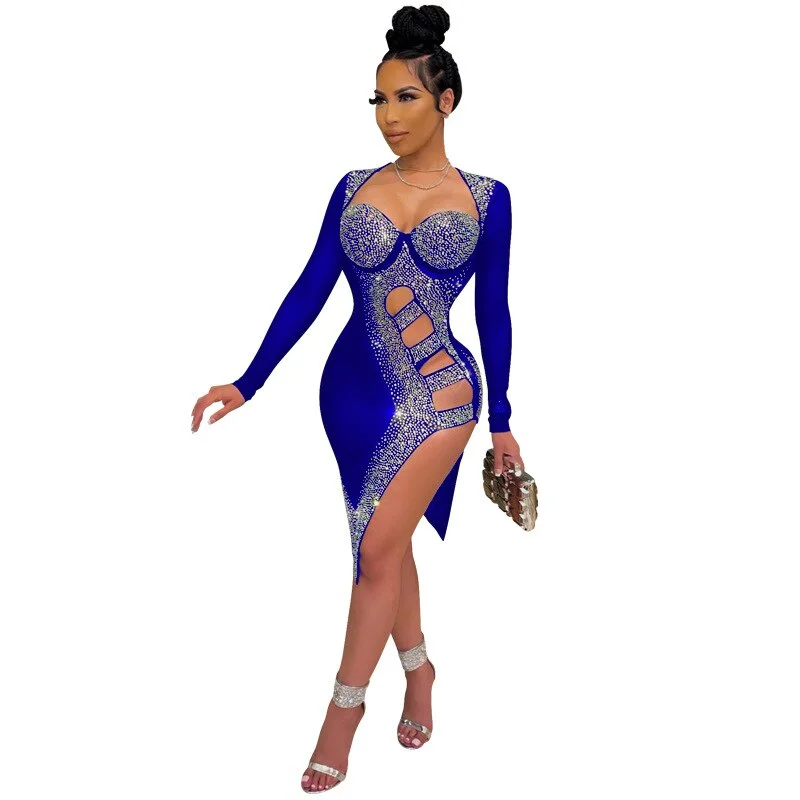 CM.YAYA Women Hot Rhinestone Mesh See Though Bodycon Dress Sexy Night Party Clubplunging Neck Lace Up Side Slit Midi Dresses