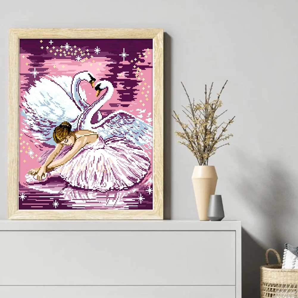 9CT Full Stamped Cross Stitch Bead Embroidery- Swan Dance(Canvas| 43*54CM)