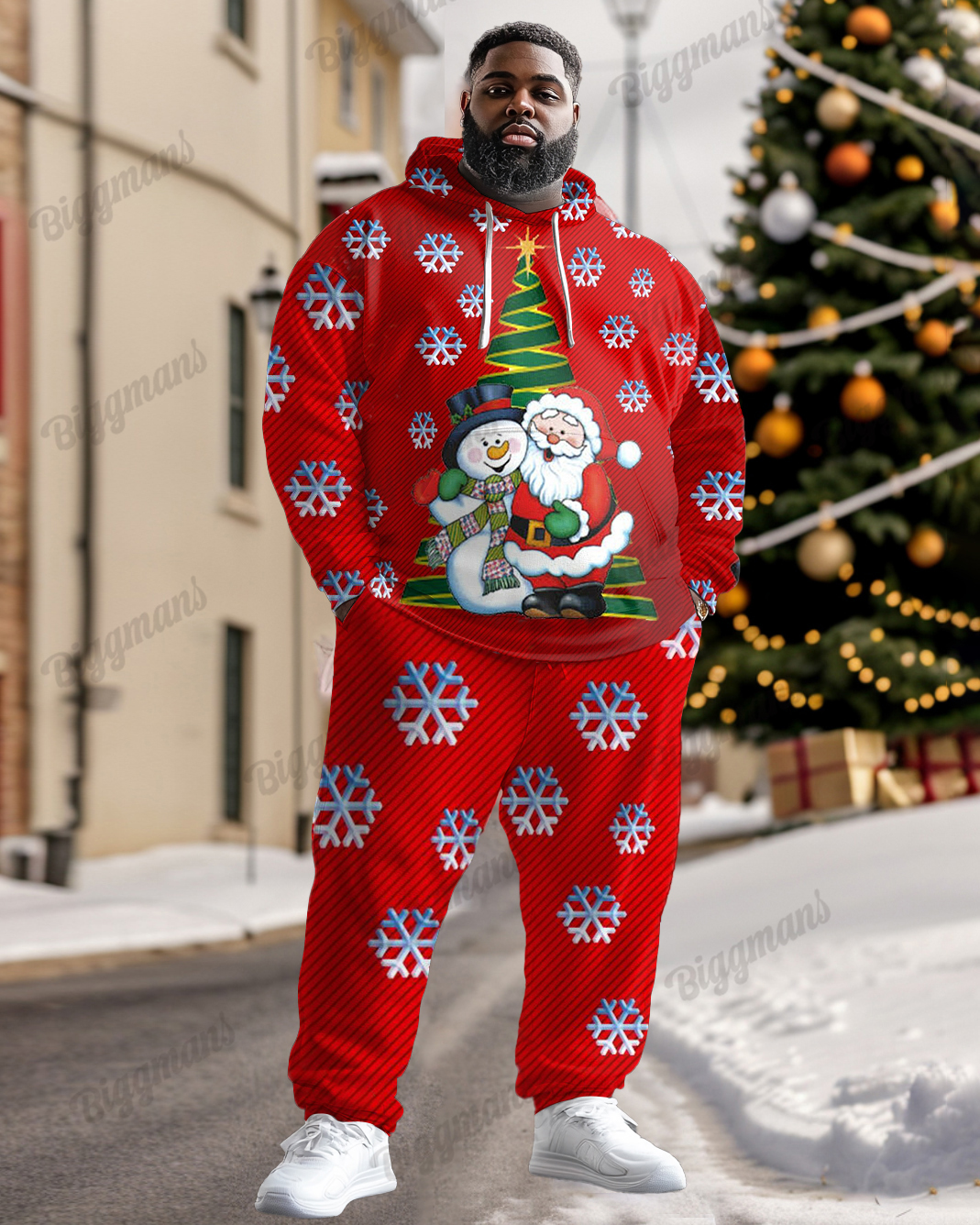 Men's Cartoon Santa Snowman Print Plus Size Hoodie Suit