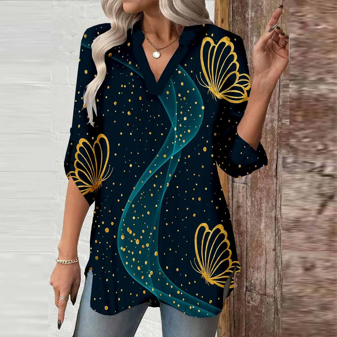 Women Butterfly,Gold,Blue DZGA0674 3/4 Sleeve V-neck Printed Graphic Button Tops