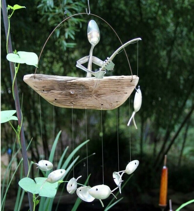 Fishing Man Spoon Fish Sculpture Wind Chime