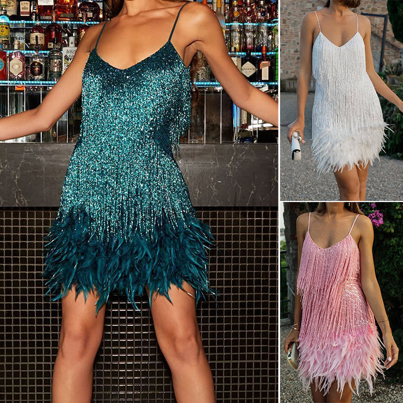 Spaghetti Strap Fringe Trim Dress