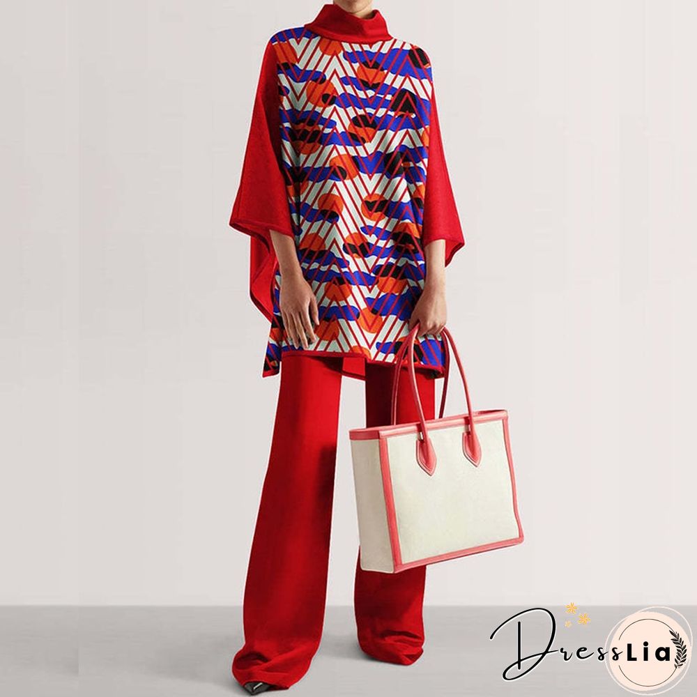 Autumn Women Elegant Printed Loose Outfits Fashion Turtleneck Tops And Long Pants Suits Winter Casual Half Sleeve Two Piece Sets