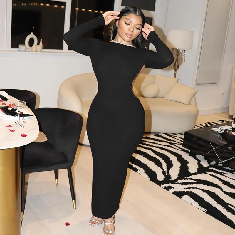 Uveng Uveng Ins Solid Fashion Bag Dress Rounded Backed Long Sleeved Sexy Dress