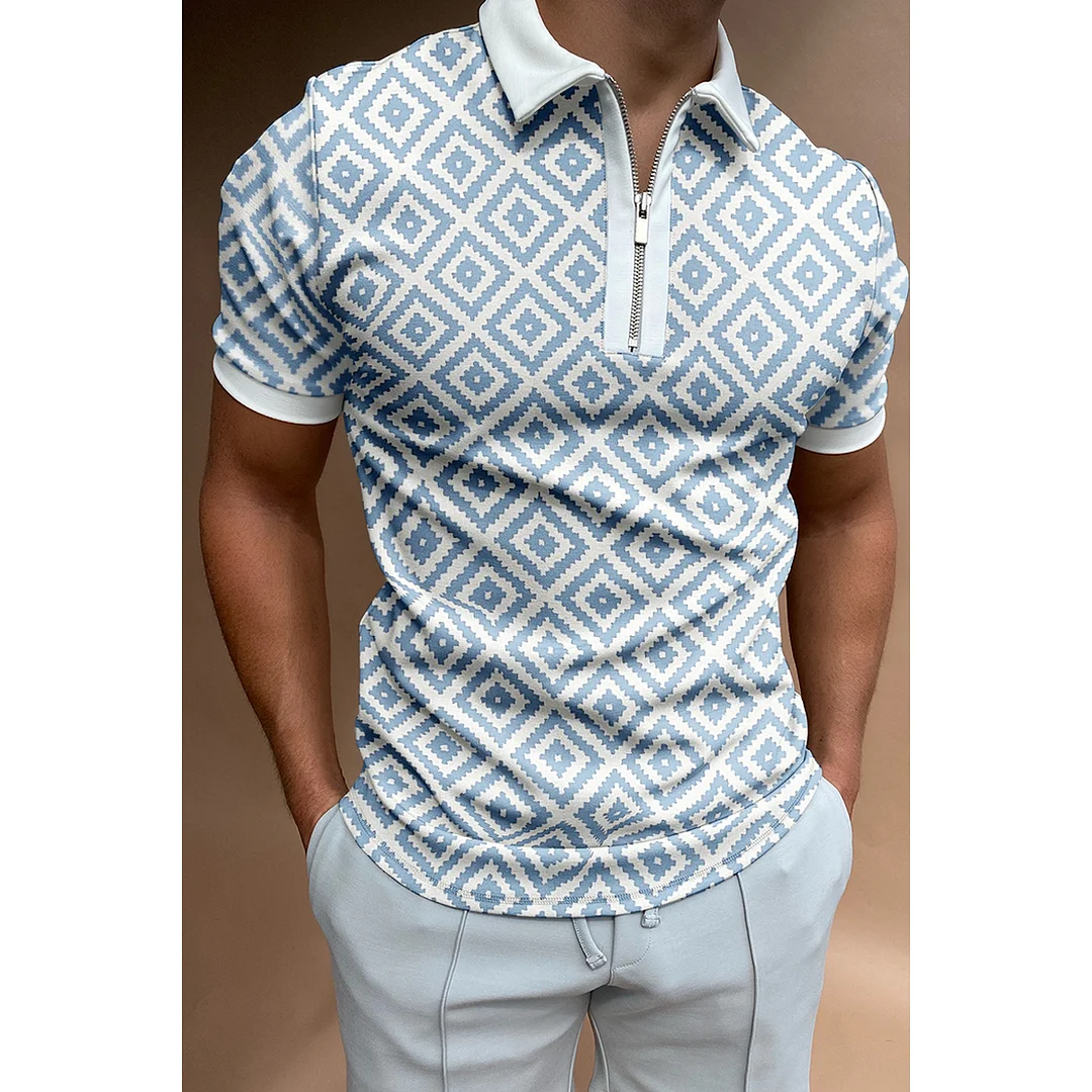 Diamond Lattice Zip-up Short Sleeve Polo Shirt