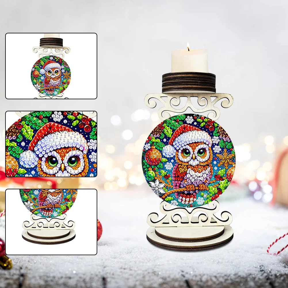 5D DIY Owl Wooden Special Shaped Christmas Theme Diamond Painting Candle Holder