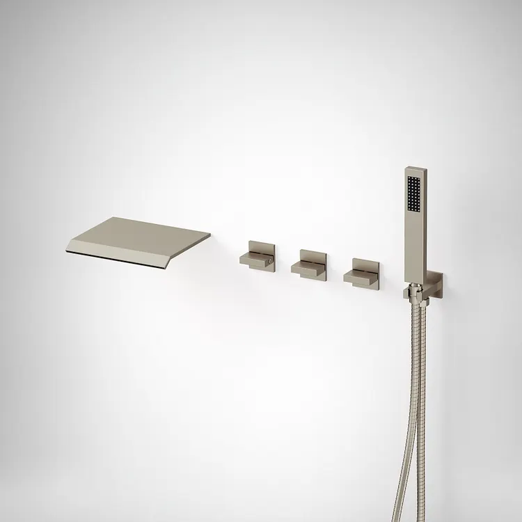 EVERSTEIN Three Handle Waterfall Bathtub Faucet in Brushed Nickel, 6.25" Spout Reach