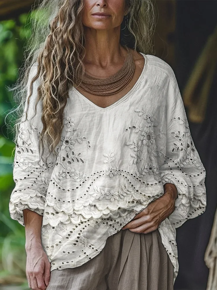 Cottage Floral Embroidered Lace Flowy Linen Tunic