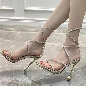 Breakj Breakj Summer New Square Drill Sandals Fine Heel High-Heeled High-Heeled Shoes Crystal Sexy With Roman Shoes