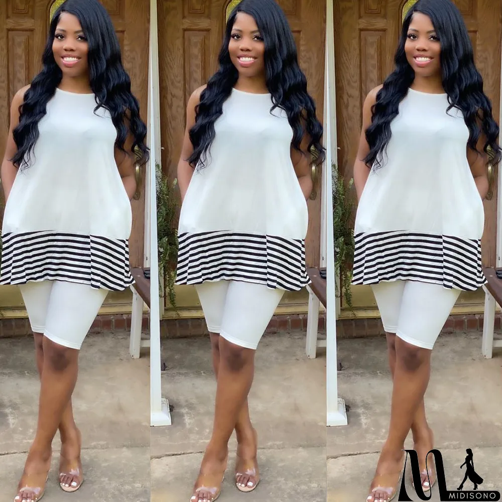 MidiSono - Casual Stripe Patchwork Sleeveless 2 Piece Shorts Set