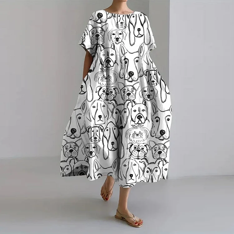 Women'S Line Drawing Puppy Dog Print Short Sleeve Casual Dress