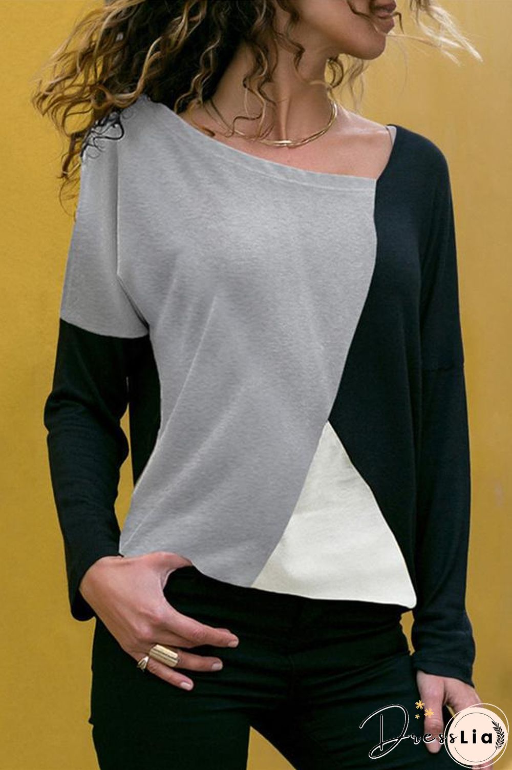 Splice Color Long Sleeve Contracted Style Blouse