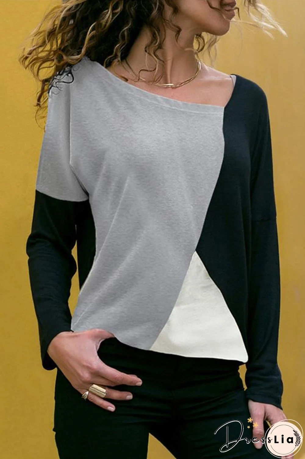 Splice Color Long Sleeve Contracted Style Blouse