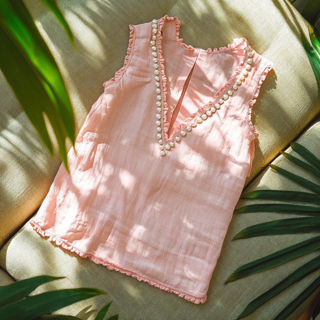  Pearl-Trimmed Pink Ruffle Tank Top for Summer Elegance