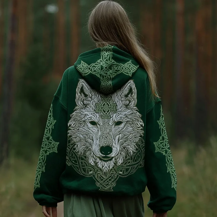 Women's Irish Viking Wolf Print Casual Hoodie