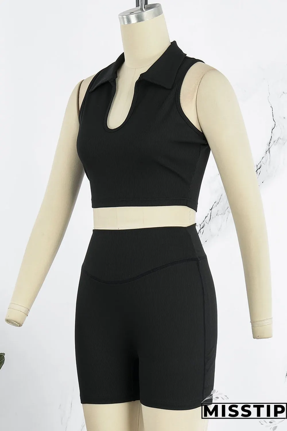 Black Sexy Street Solid Patchwork Turndown Collar Sleeveless Two Pieces