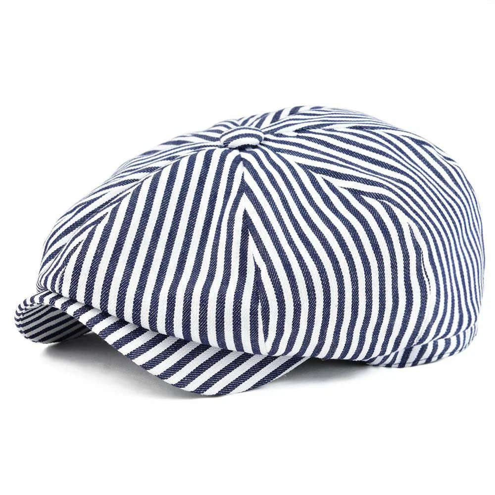 Summer Newsboy Flat Cap Black Navy Blue Stripe Ivy Caps 8 Panel Design