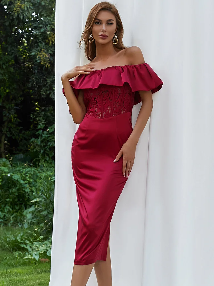 Off Shoulder Ruffled Lace-Paneled Satin Dress SF563