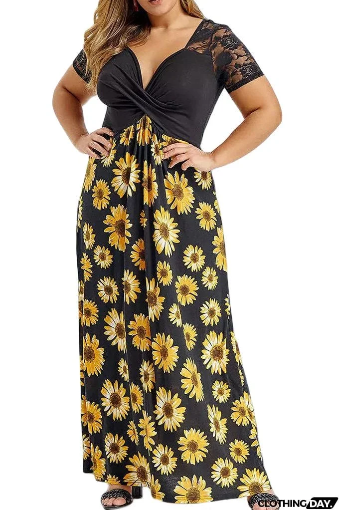 Plus Size Sunflower Lace Twist Knot Maxi Dress