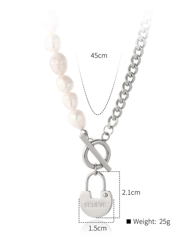 Stainless Steel Silver Plated Minimalist Toggle Inlay Square Lock Artificial Pearls Zircon Pendant Necklace