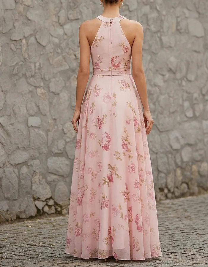 blush pink halter neck bridesmaid dress Rose Print Chiffon Maxi which can result in