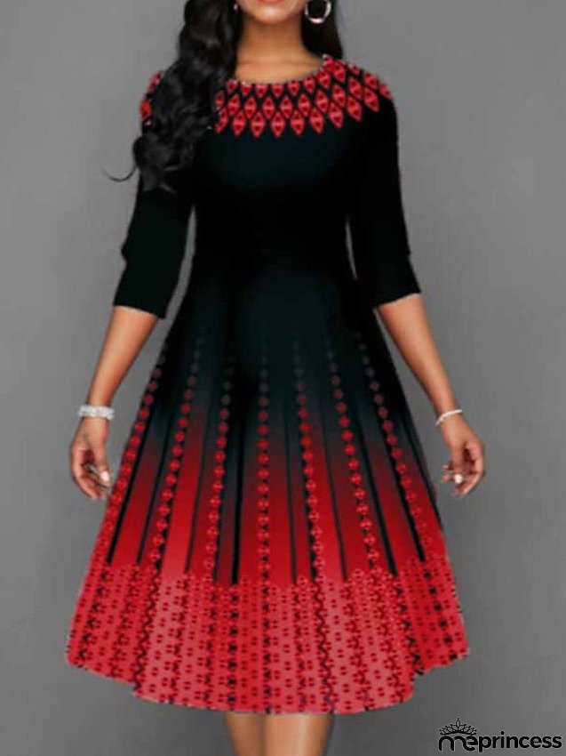 Work Dress Swing Dress Church Dress Midi Dress Red Royal Blue Blue 3/4 Length Sleeve Print Print Summer Spring Crew Neck Elegant S M L XL XXL 3XL 4XL 5XL for Women